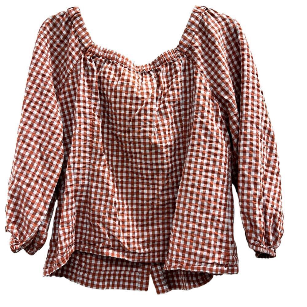 MADEWELL cotton gingham check orange gray milkmaid square neck cottagecore sz S - Picture 2 of 6